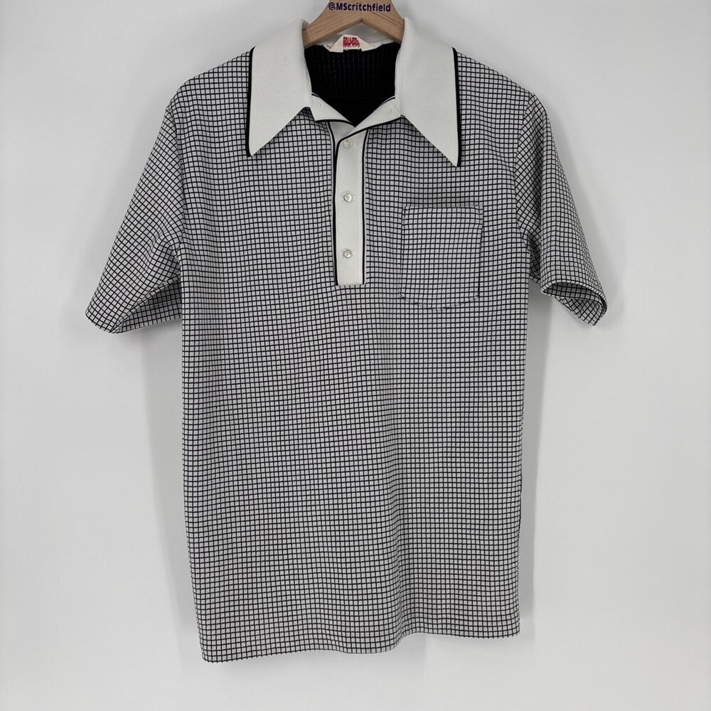 Vintage 70s Jefftron Lord Jeff Black White Double Knit Polyester Polo Shirt Xl